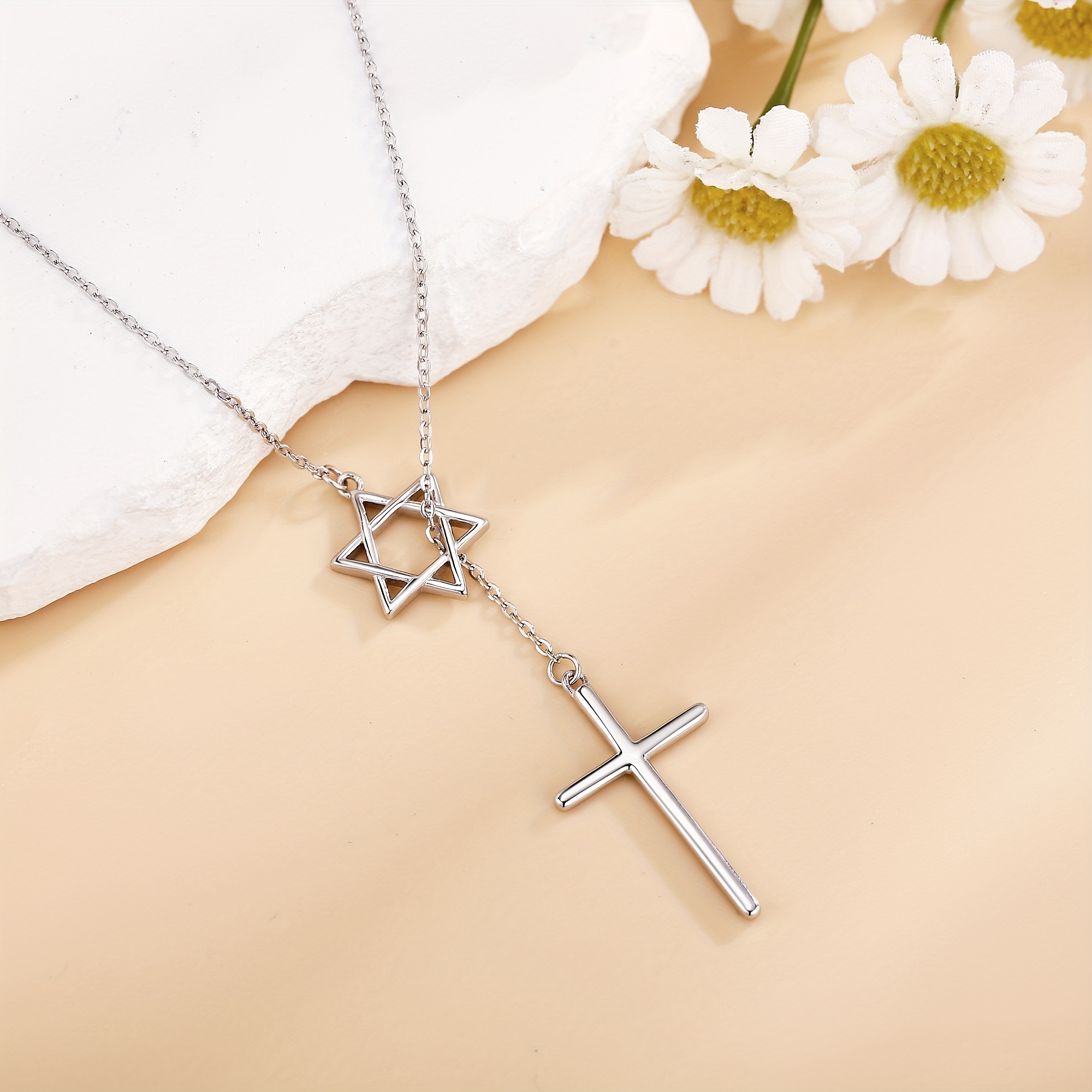925 Sterling Silver Cross and Star of David Necklace — Religious Gift